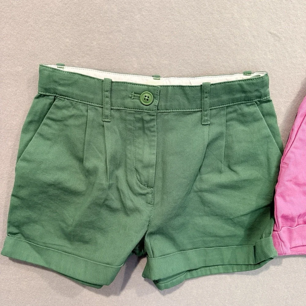 Crewcuts J.Crew Girls Green & Pink Pleated Chino Shorts Lot Of 2 Adj Waist Sz 8
